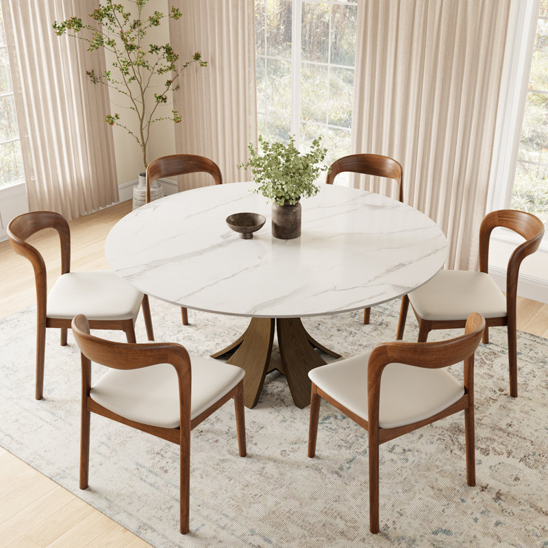 Aversa Modern Round Dining Table, Sintered Stone Top | Solid Wood Base, 1-Step Easy Assembly For Breakfast Nook, Dining Room