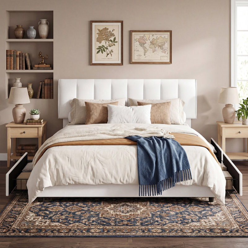  Cahlin King Storage Bed Frame Velvet Upholstered Platform Bed with 4 Storage Drawer, Adjustable Headboard and Wood Slat Support, White