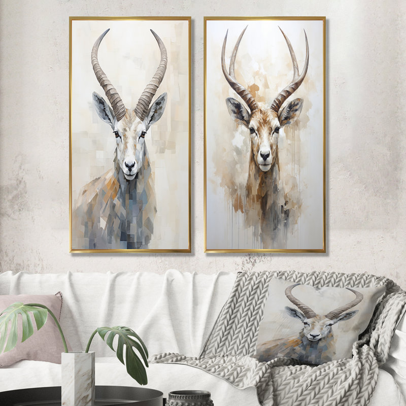 Minimalisme antilope bouquetin - ensemble de 2 reproductions d'art mural antilope, Encadrement doré, H 28 po x l 25 po
