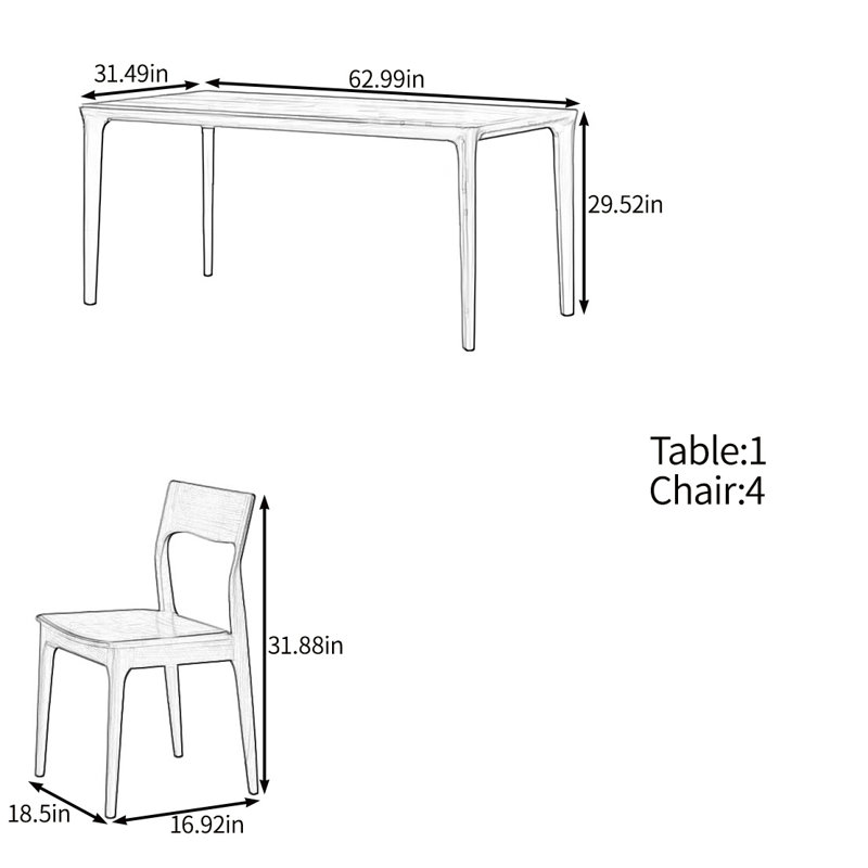 Ensemble de table rétro en noyer noir, H 29,52 po x L 62,99 po x l 31,49 po