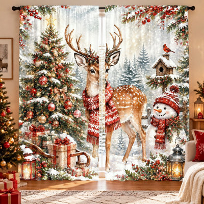 Ensemble de 2 rideaux à motif de scène de Noël, imprimé festif de cerfs et de bonhommes de neige, tissu filtrant la lumière, préservant l'intimité, œillets pour tringle, lavables à la machine, parfaits pour le salon, la chambre, la décoration de Noël et les fêtes de fin d'année.