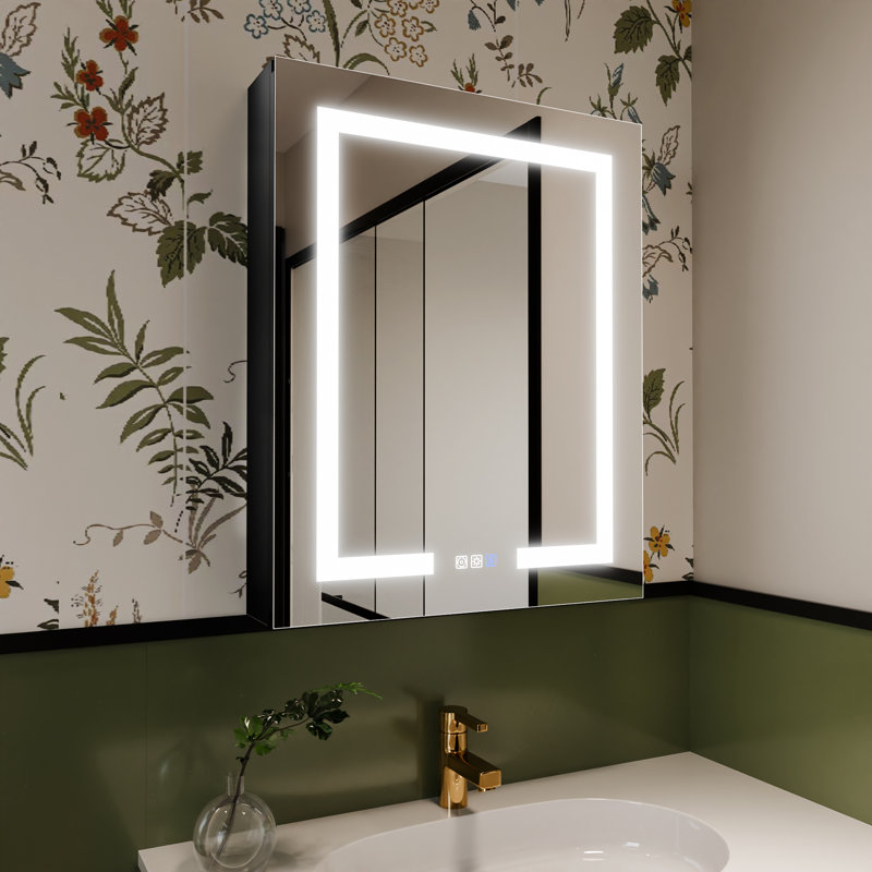 Livvia Recessed or Surface Mount Frameless LED Medicine Cabinet with Electrical Outlet and Anti-fog, 30" H x 24" W x 5.25" D