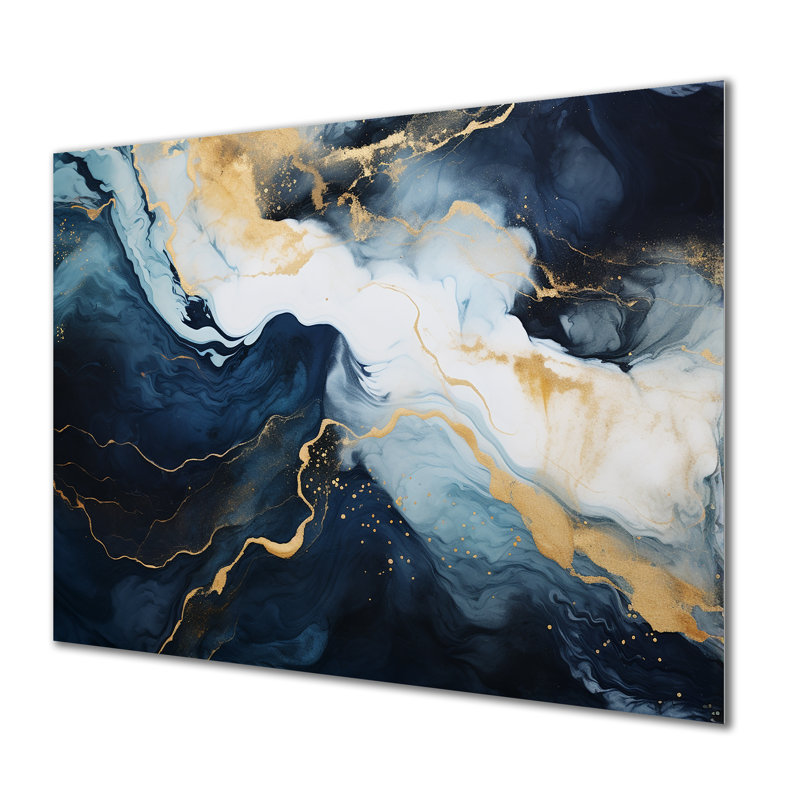 Décoration murale dorée et bleue abstraite IV - décoration murale en marbre, H 30 po x l 40 po x P 1,5 po