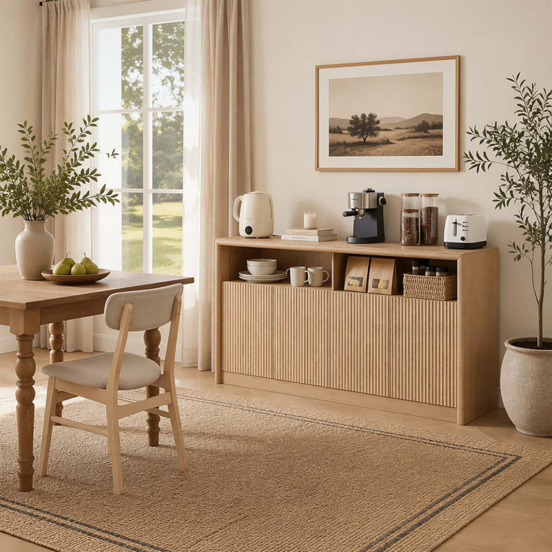Buffet en bois de 170 cm avec bande lumineuse DEL, prises électriques et 4 compartiments de rangement pour un style de vie moderne