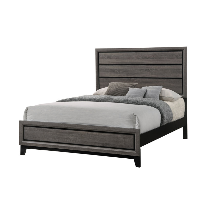 Ensemble de chambre à coucher grand lit 4 pièces avec lit à panneaux, commode, miroir et table de chevet au fini gris et noir