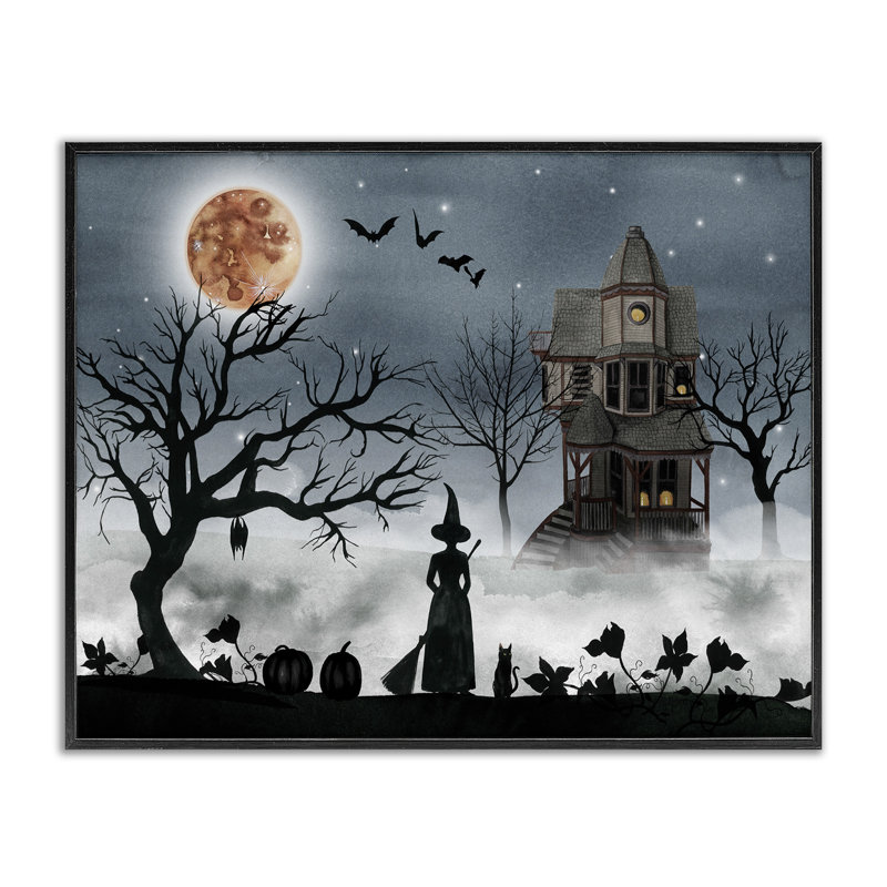 «Halloween Witch Silhouette in Full Moon Haunted House Scene», impression, H 16 po x l 20 po, Giclée encadrée noir minuit