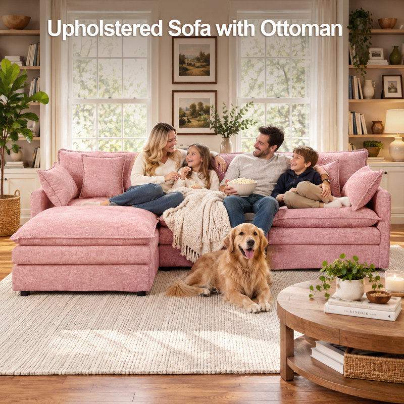 110'' Wide L-Shaped Living room sofa, Modular Sectional Sofa, 4 Seater Sofa Comfy Cloud Couch Chenille Upholstered Sofa with Ottoman,Pink