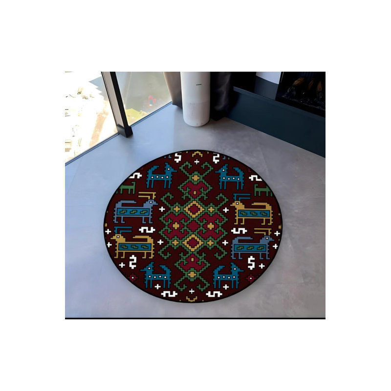 Multicolored Embroidery-Look Woven Base Modern Decorative Carpet, Round 3'4"
