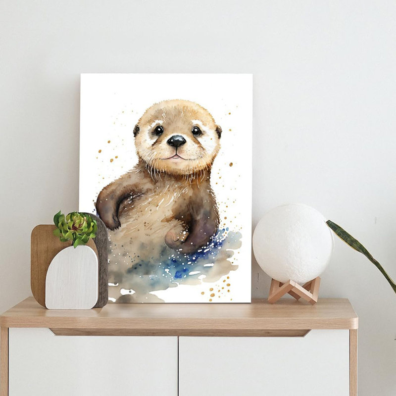 Otter Canvas Wall Art Watercolor Animal Pictures Cute Otter Wall Decor Painting Splash-Ink Poster Print For Bedroom Living Room Kitchen Bathroom Nursery Office Decoration (12X16inch, Framed)