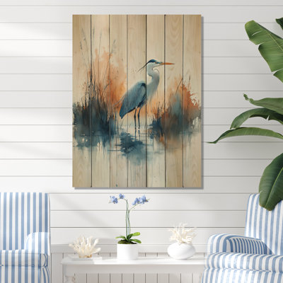 Tranquil Heron By The Lake II - Heron Animal Wood Print - On Natural Pine Wood