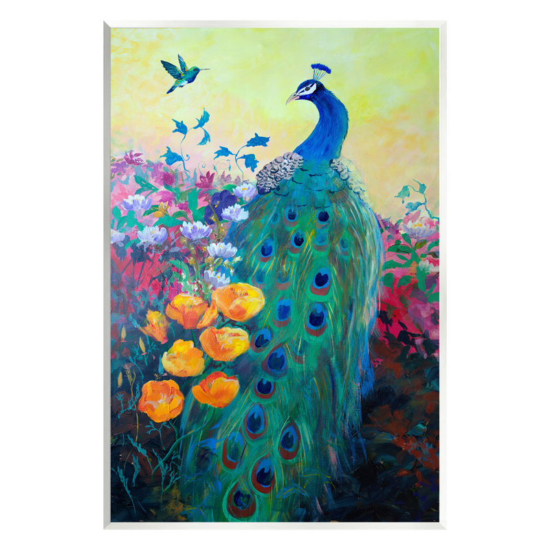 "Peacock & Garden Flowers", art mural sur bois par Robin Maria, H 19 po x l 13 po