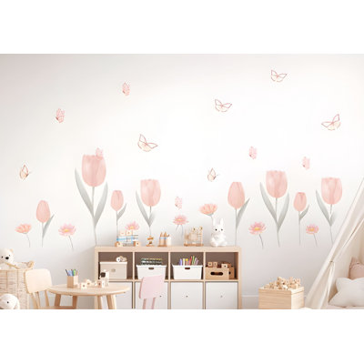 Tulip Flower Wall Decals With Butterflies, Pink Floral Nursery Wall Decals, Girls Nursery Decor, Peel And Stick Flower Wall Stickers