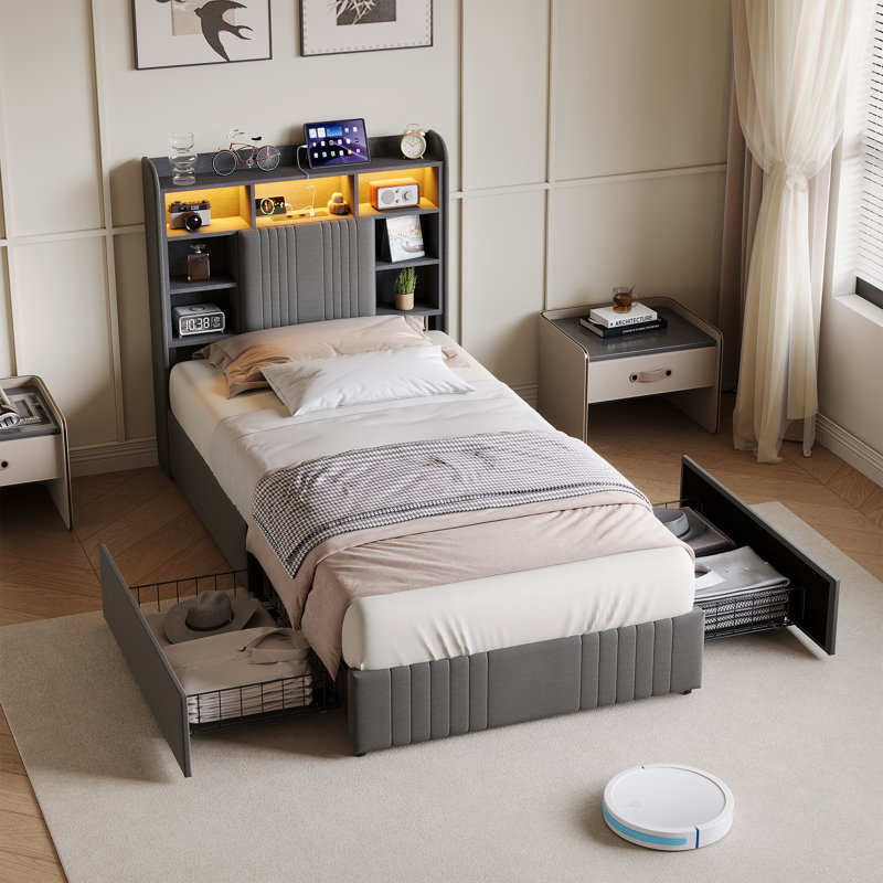 Upholstered Storage Bed, European Single (90 x 200 cm), Grey