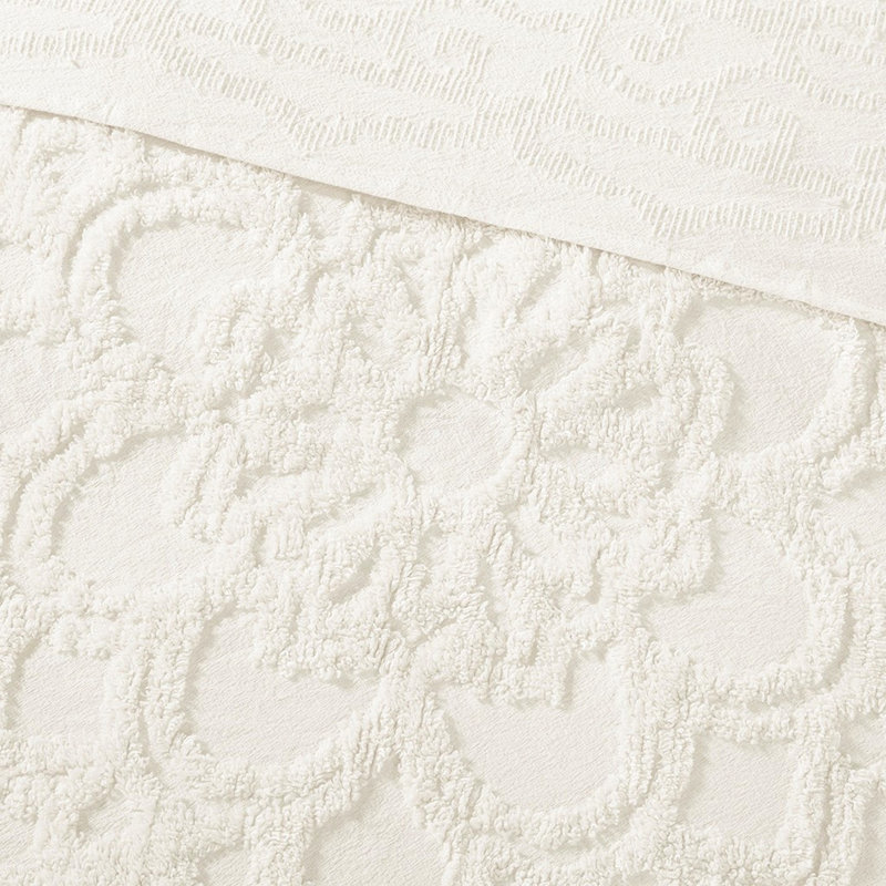 Couvre-lit 100% coton chenille à médaillon simple / simple TG, Couvre-lit simple + 2 taies décoratives, Blanc cassé