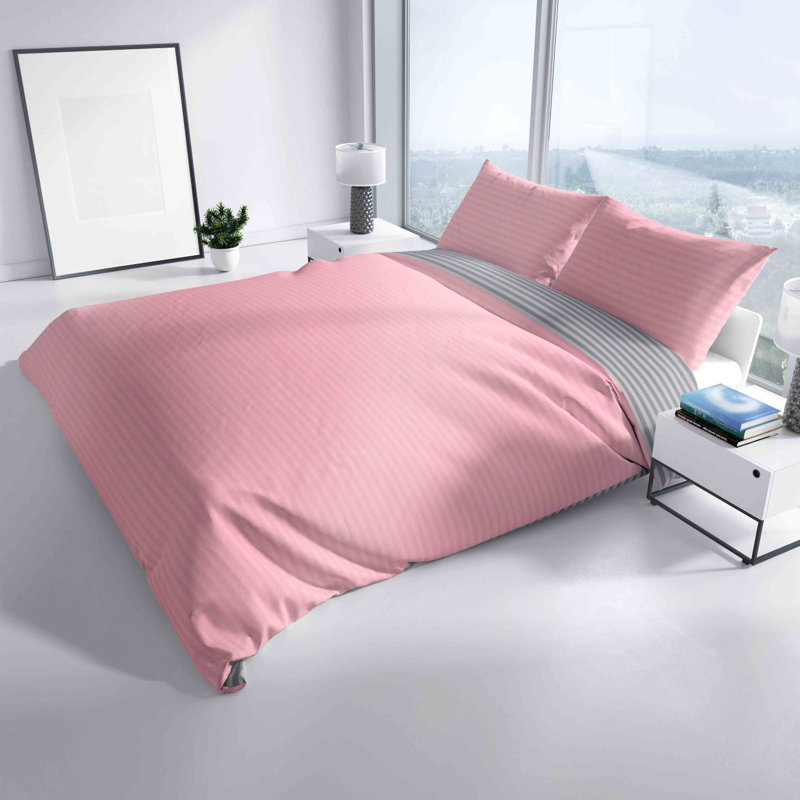 Lonetta Bed Linen Set with Pillowcase, 135 x 200cm + 1 Pillowcase (80 x 80cm), Pink/Grey