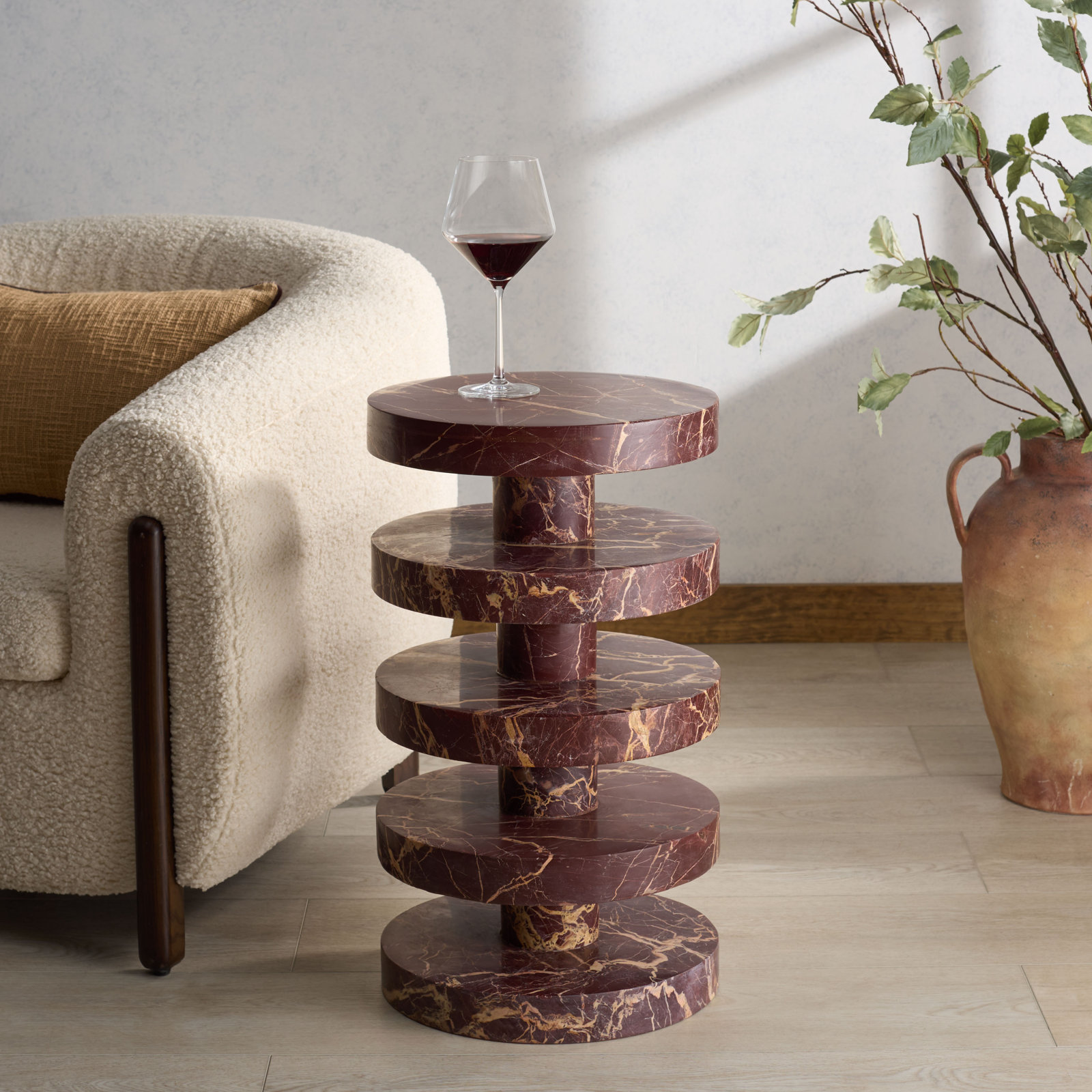 14" Genuine Marble End Table, Red/White