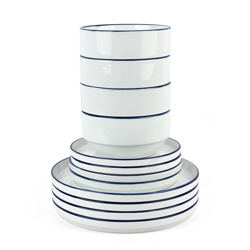 Waterside 12pc Stackable Colour Rim Porcelain Dinner Set, White/Blue
