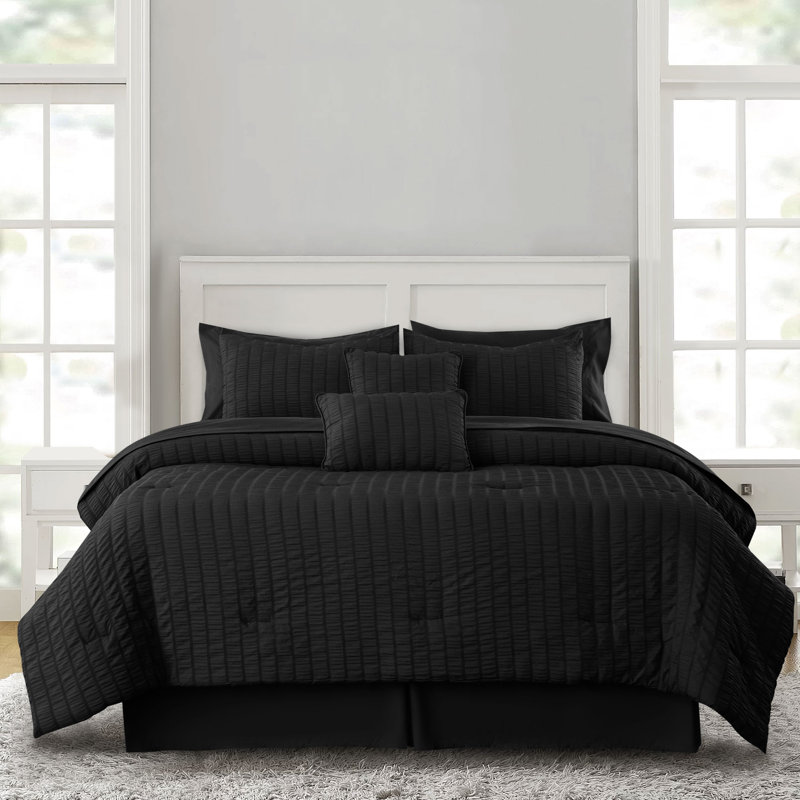 10 Pcs MF Comforter Set Bed in a Bag for All Seasons Seersucker Lightweight Comforter Set with Sheets, Black