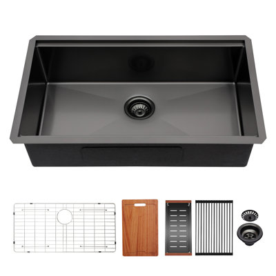 Évier de cuisine 19 x 10 x 33 po avec comptoir encastrable - Acier inoxydable noir mat, calibre 16, profondeur de bol 9 po, revêtement nano-adhésif 33 x 19 x 10 po, peinture intérieure antiadhésive