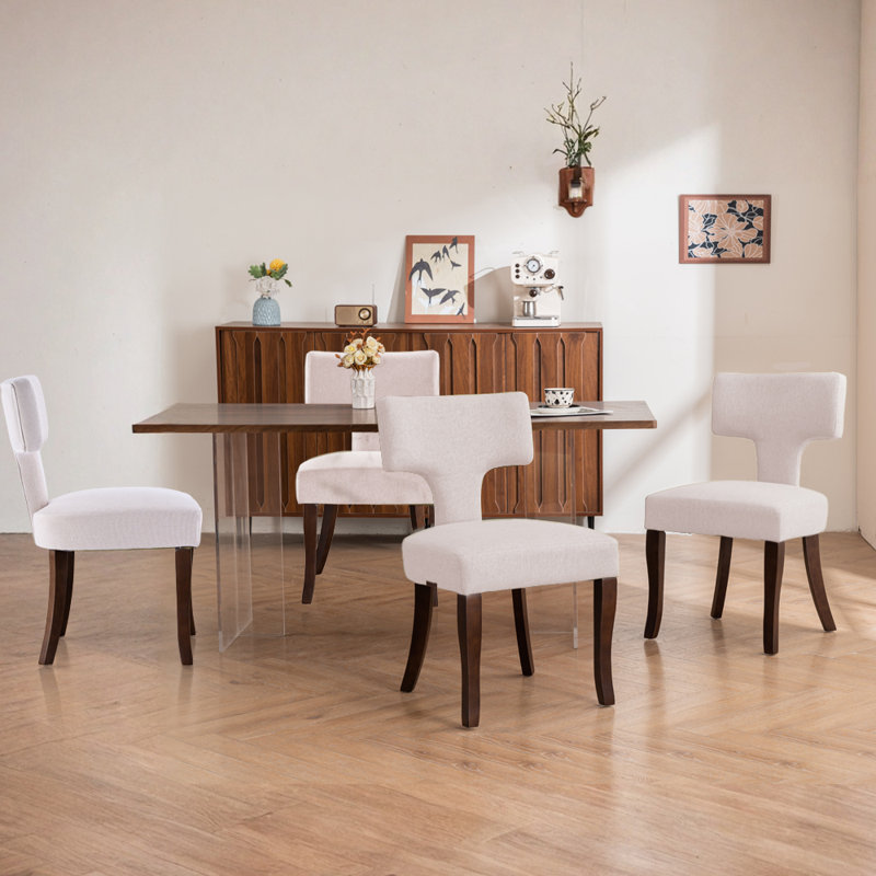Modern Upholstered Side Dining Chairs – Curved Backrest & Wood Frame, Beige