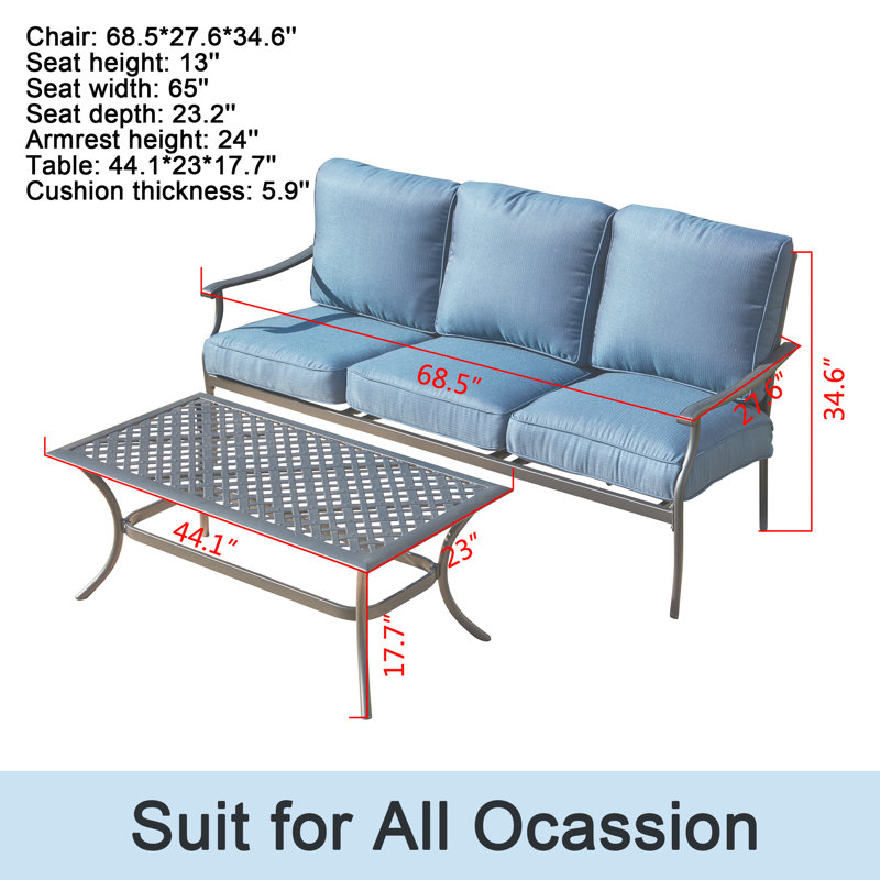 Vlachavas 2-Piece Outdoor Patio Deep Seating Sofa Set with Cushions and Coffee Table, Blue