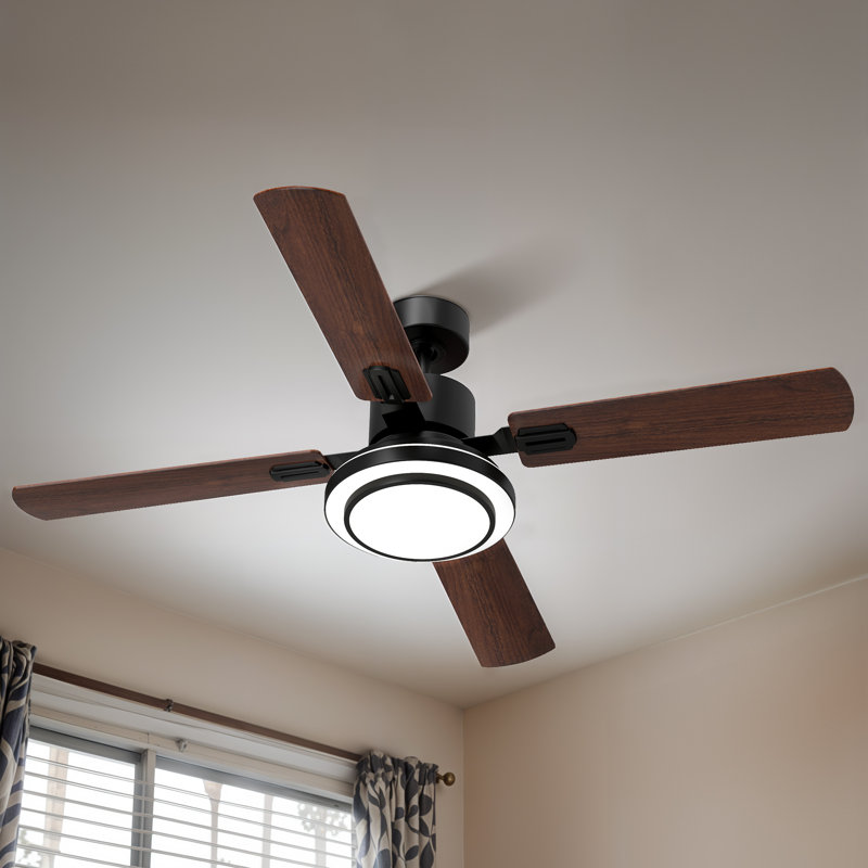 Ventilateur de plafond 52 po avec lumières DEL Lashanda, Noir avec pales noyer
