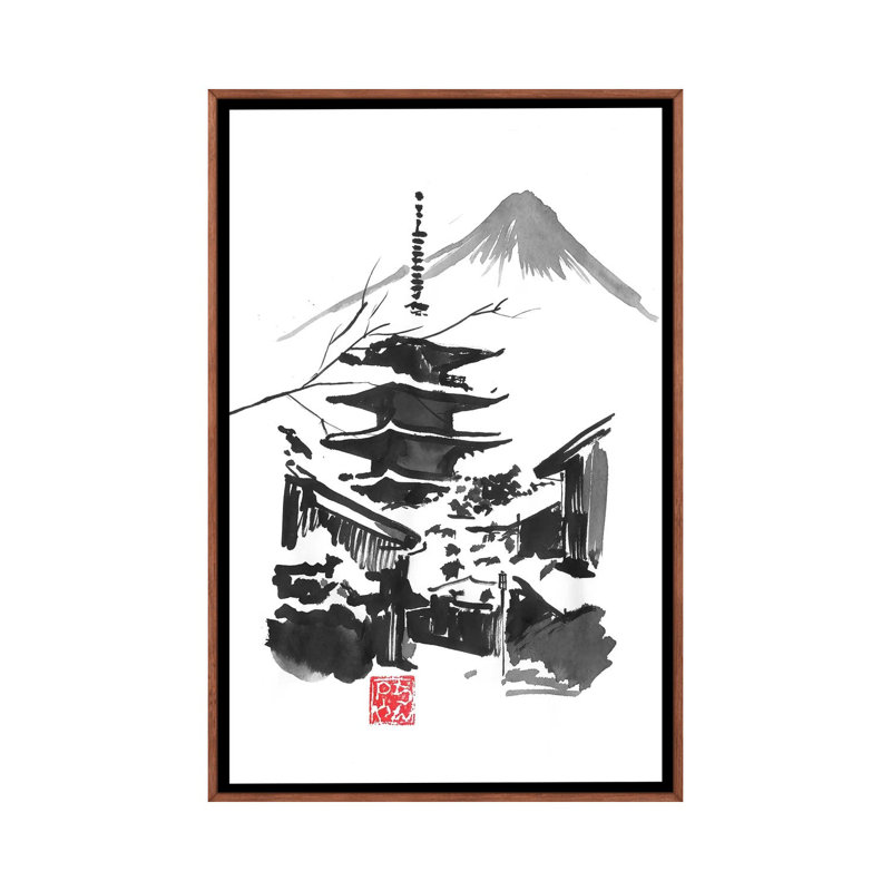 Fuji San And Temple by Péchane - Print on Canvas, Classic Brown Wood Framed, 152.5 cm H x 101.5 cm W