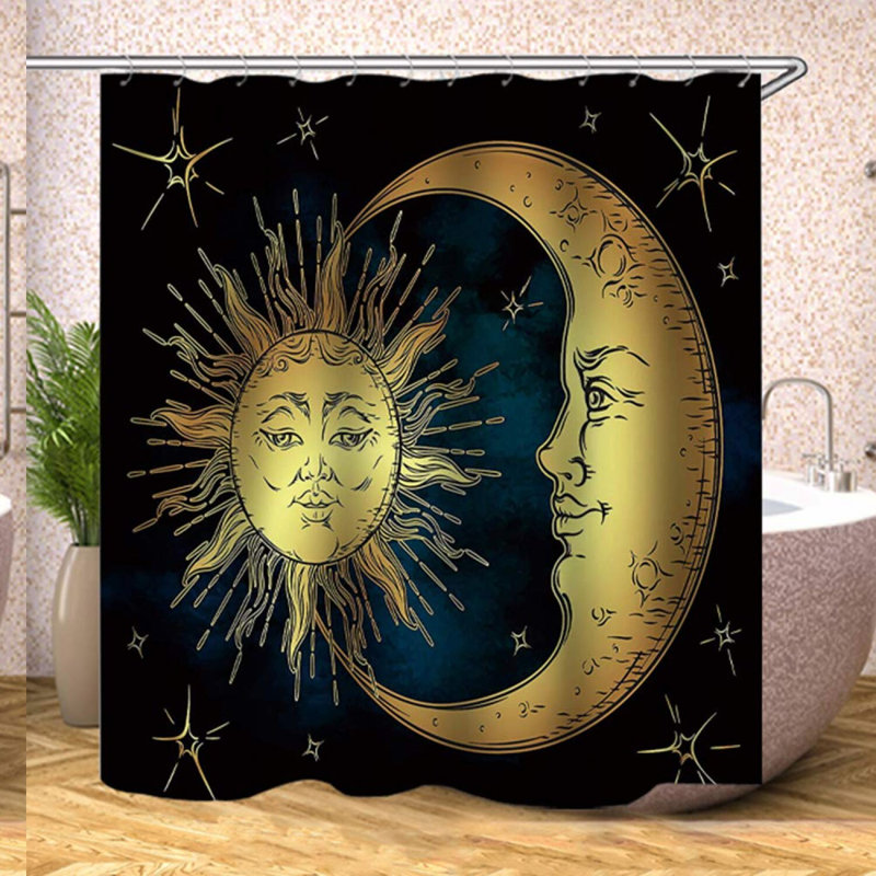Celestial Harmony Shower Curtain - Boho Chic Sun, Moon & Stars Design, Antique Style Polyester Fabric, Includes Hooks