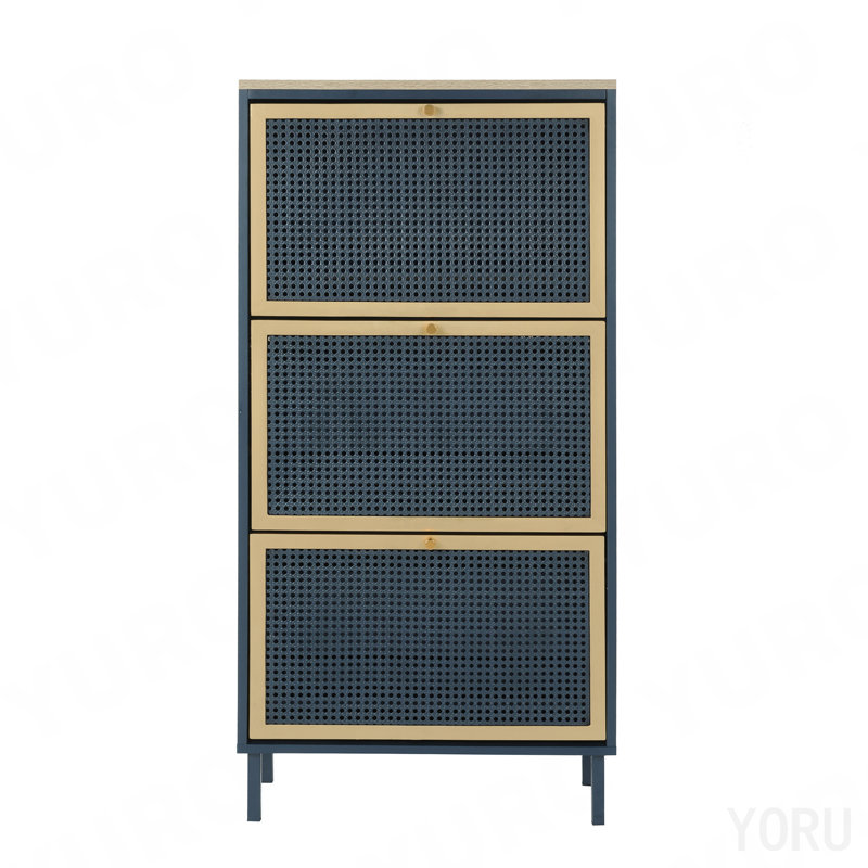 Range-chaussures 3 portes en métal / rotin, moderne - standard