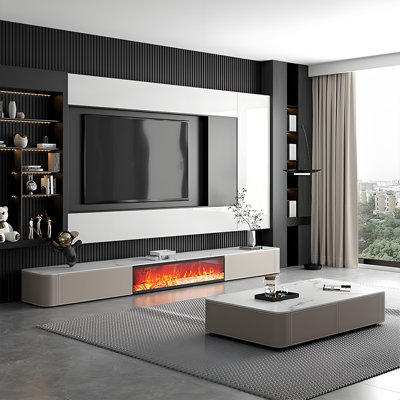 110.24"Modern Sintered Stone Decorative Electric Fireplace TV Cabinet