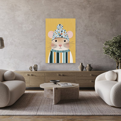 Cozy Winter Mouse Playful Whimsical Contemporary Animal Portrait Wall Art Print by Mathieu - Wrapped Canvas Print
