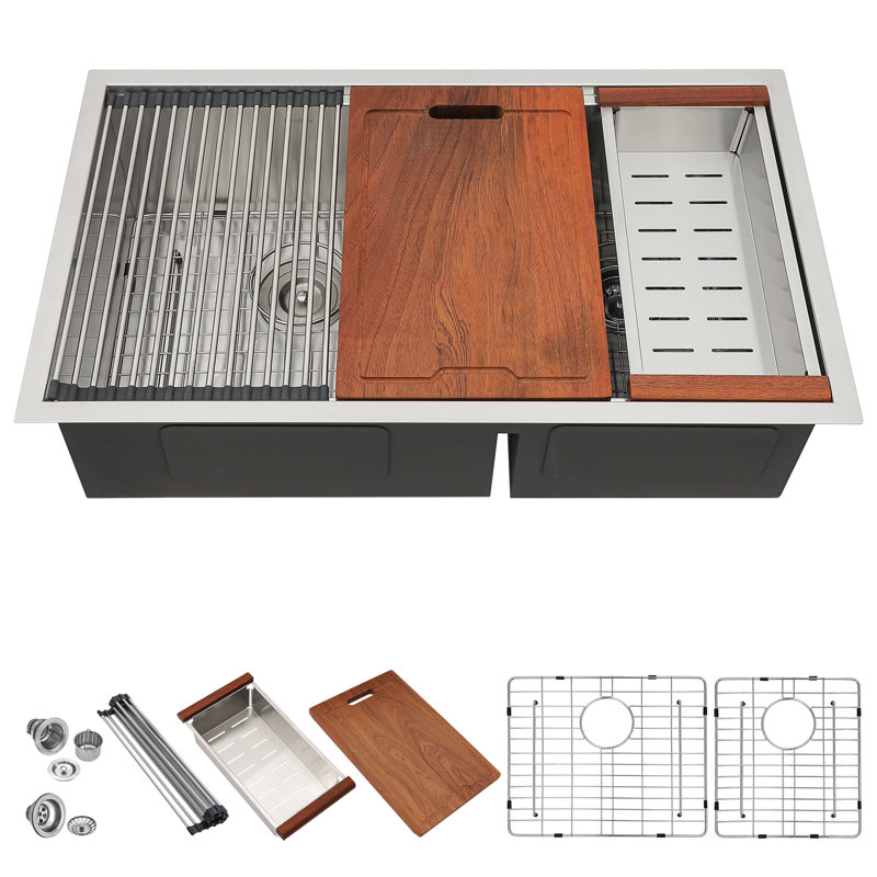 Évier de cuisine en acier inoxydable de calibre 16 L 33 po x l 19 po à double cuve 60/40, Stainless Steel