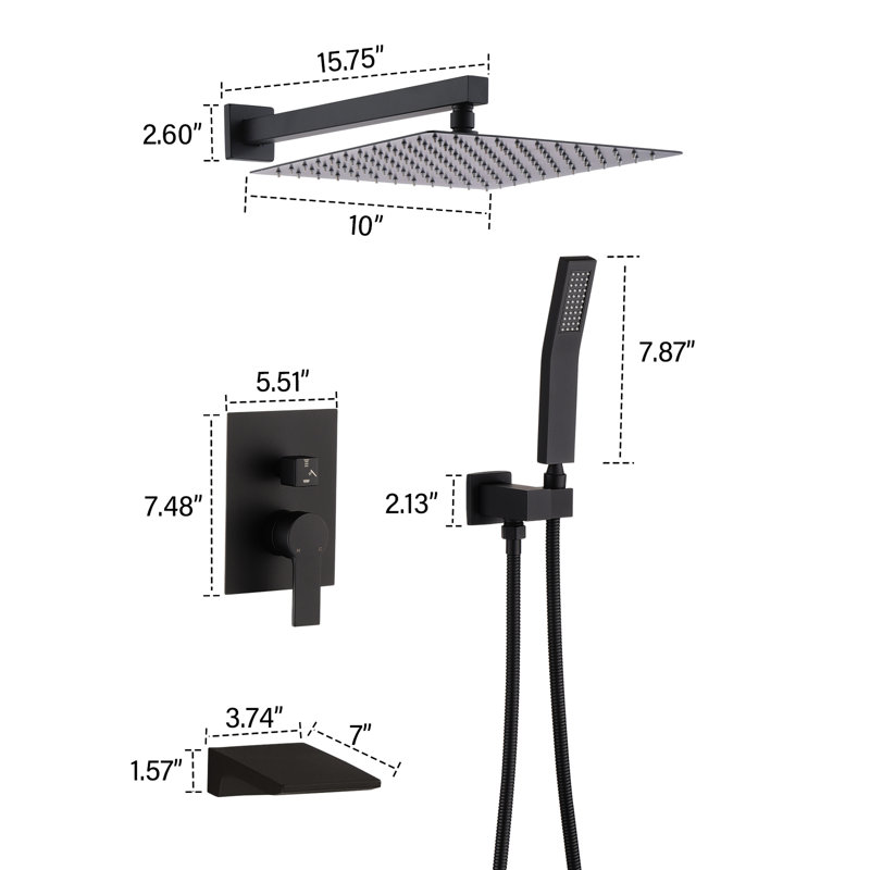10" Rainfall Shower Head And Balanced Faucet Bathroom System - Matte Black, Wall Mounted In Black With 10Inch Valve