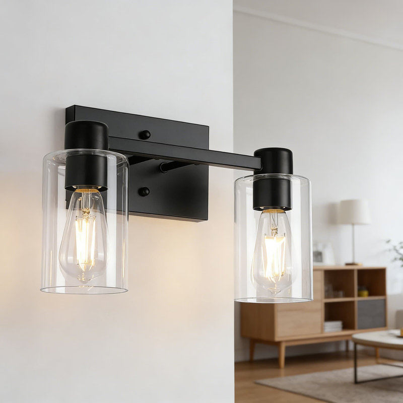 2-Light Vanity Wall Sconce With Clear Glass Shade, Modern Farmhouse Reversible Mounting Fixture For Bathroom, Bedroom, Kitchen And Living Room, Matte Black Finish