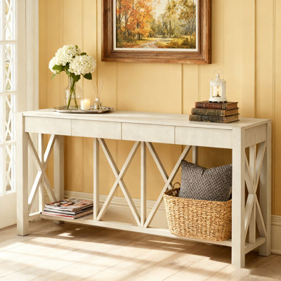 Console 60 po avec 4 tiroirs et base en X, entrée en placage de bois d'acacia avec tablette ouverte pour le salon, le couloir