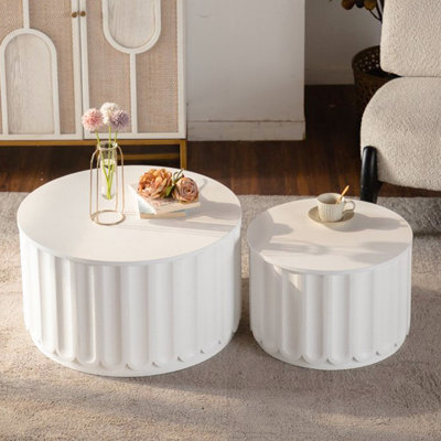 Table de rangement ronde, blanc crème, avec couvercle, gigogne, idéale pour le salon et la chambre - Style moderne, aucun assemblage requis. Design minimaliste blanc, structure équilibrée, facile à installer.