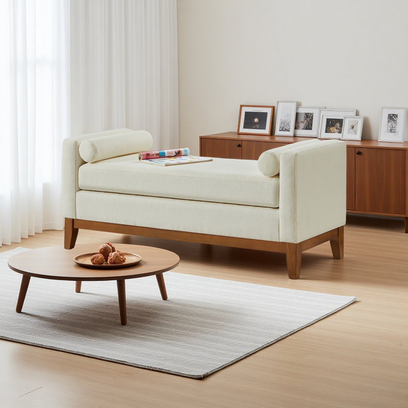 Grand repose-pieds rembourré en tissu Boucle avec coussins, banc de fenêtre rembourré confortable pour le salon, Beige