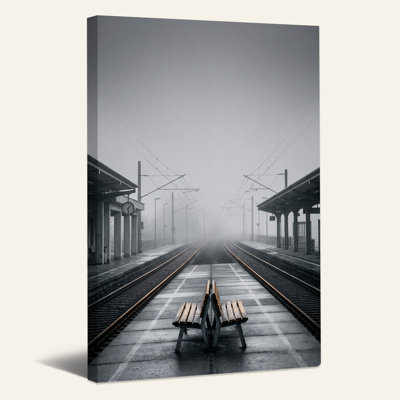 Foggy Train Station Platform with Wooden Bench Canvas Wall Art