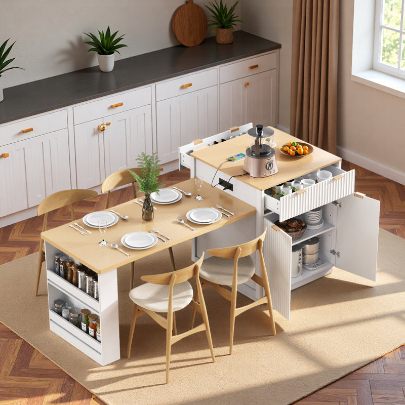 Fluted Kitchen Island With Extendable Dining Table, Power Outlet,  Double-side Storage, 2 Drawers And 2 Side Open Shelves