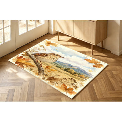 Tapis feuilles d'automne aquarelle, motif de branche d'oiseau chanteur réaliste, paysage de nature artistique, surface en velours, tapis antidérapant, décoration intérieure pour salon, chambre à coucher, bureau, entrée, cuisine, balcon