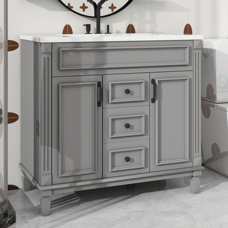 Meuble-lavabo autoportant 36 po avec 2 portes et tiroirs à fermeture en douceur, Gris, Noir