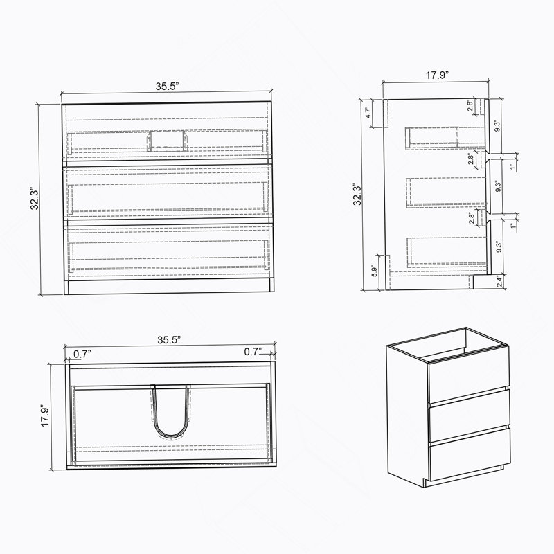 Armoire de plancher SANS lavabo, avec trois tiroirs, Noyer