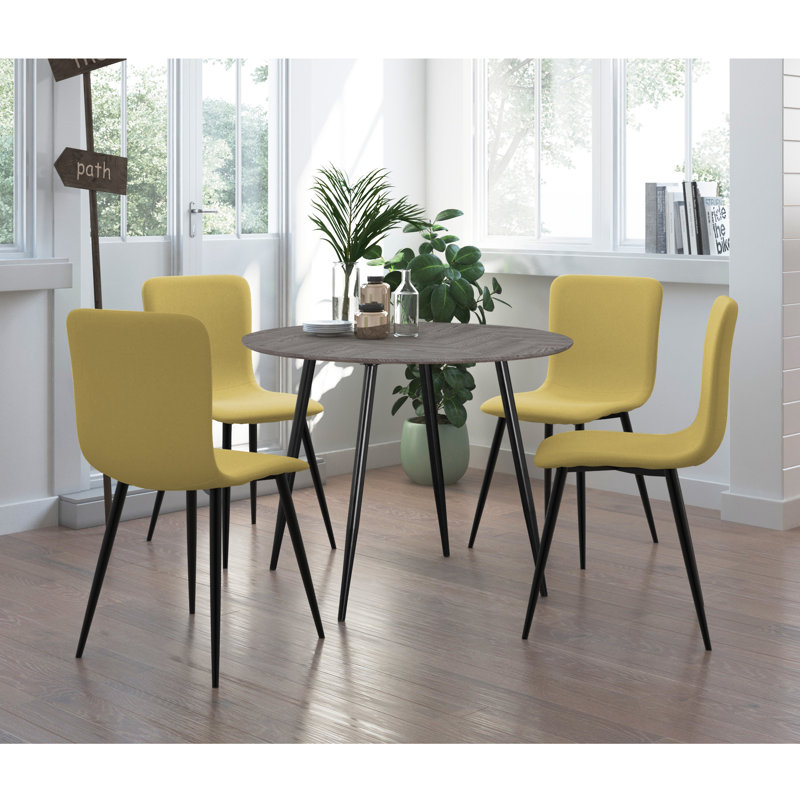 Stronach Round Metal Base Dining Table, Fishbone White Oak