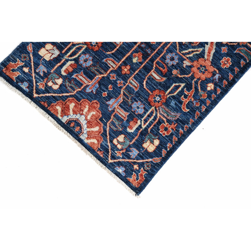 Tapis bleu marine de haute qualité noué à la main, Tapis de couloir 2 pi 8 po x 19 pi 7 po