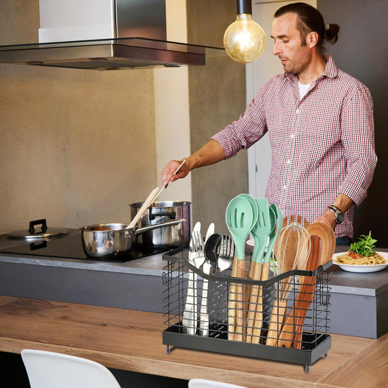Très grand porte-ustensiles à 3 compartiments, organisateur de comptoir de cuisine durable, conception robuste pouvant contenir plus de 30 ustensiles de cuisine, drainage facile, pieds antidérapants