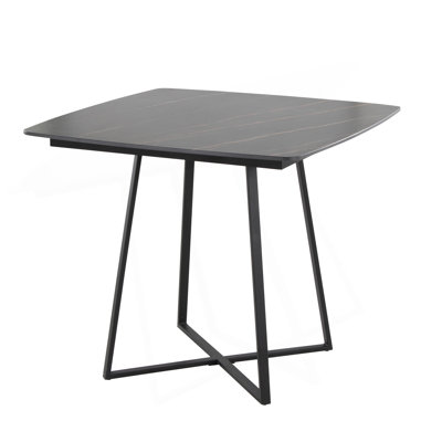 Table de salle à manger avec base en métal noir et bois noir avec plateau en céramique effet marbre noir