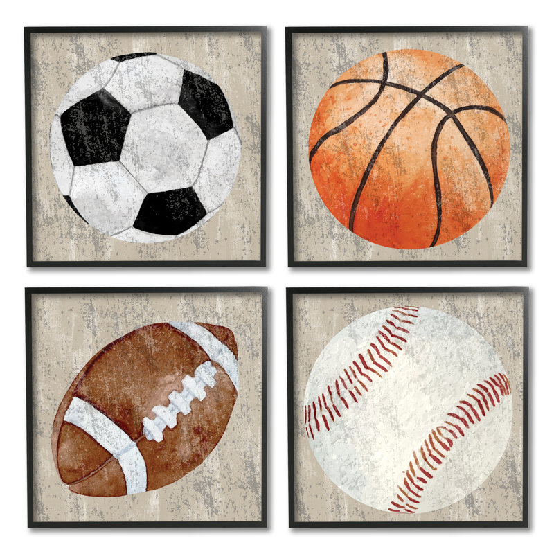 Diverses balles de sport rustiques, ensemble de 4 giclées encadrées par Kim Allen, Giclée encadrée noir minuit