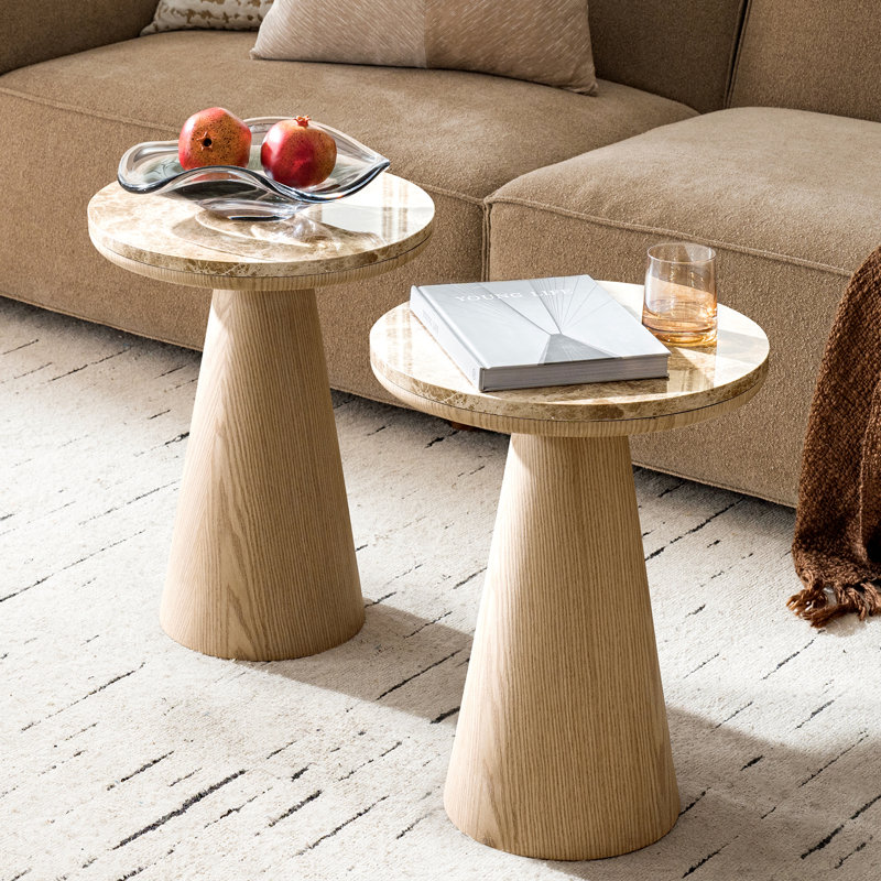 Otterburn 20"Tall Modern Round End Table With Genuine Marble Top And Oak, Brown Top/Oak Base