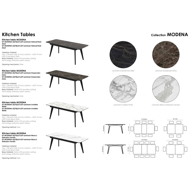 Modena Metal Base Dining Table, 29" H x  55" L x 31" W 