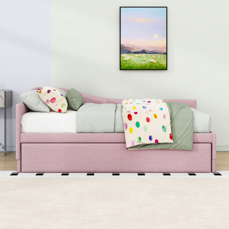 Twin Daybed with L-Shaped Backrest and Twin Trundle, Pink